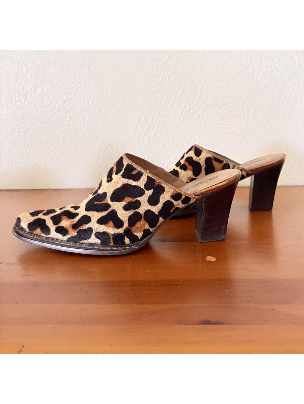 Leather Mules Calf Hair Cheetah Print Heels Western Size 7.5
